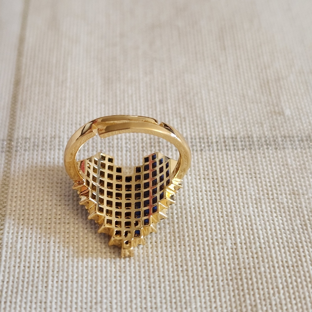 New 18K Gold Plated Blue Sapphire Pixel Heart Adjustable Ring for Women - Picture 9 of 11